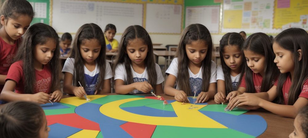 Alunos realizando experiências práticas em uma sala de aula de ciências do ensino fundamental, promovendo aprendizado e engajamento.