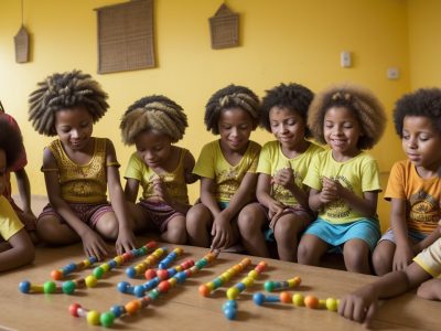 Crianças participando de atividades lúdicas e interativas sobre consciência negra em sala de aula, promovendo a cultura afro-brasileira.