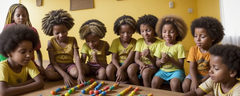 Crianças participando de atividades lúdicas e interativas sobre consciência negra em sala de aula, promovendo a cultura afro-brasileira.
