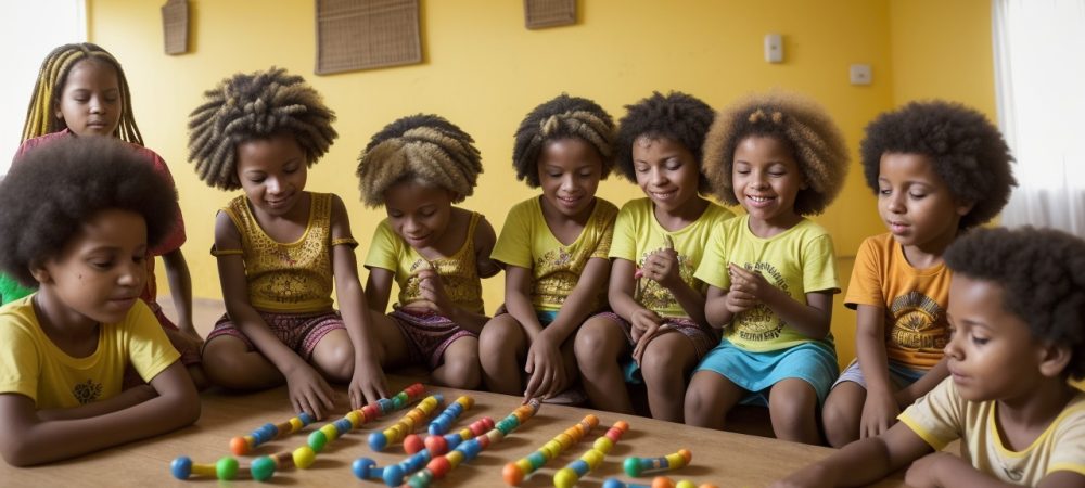 Crianças participando de atividades lúdicas e interativas sobre consciência negra em sala de aula, promovendo a cultura afro-brasileira.