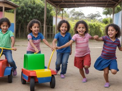 Crianças participando de atividades lúdicas de educação física, coordenando movimentos e diversão