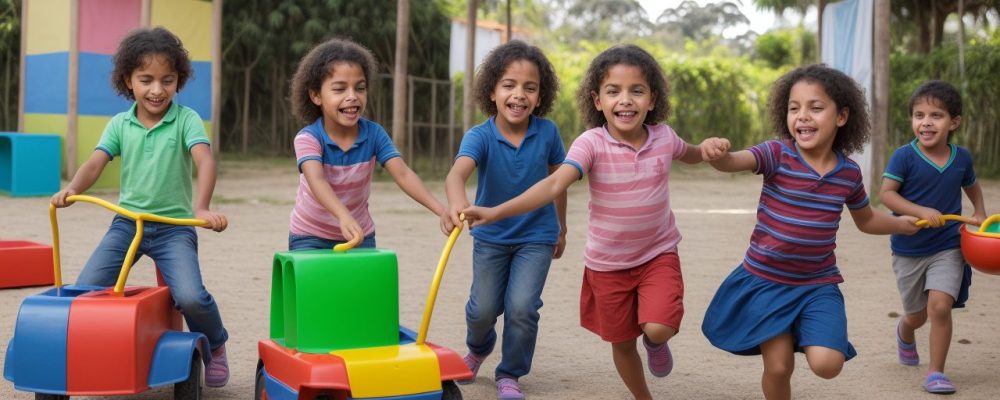 Crianças participando de atividades lúdicas de educação física, coordenando movimentos e diversão