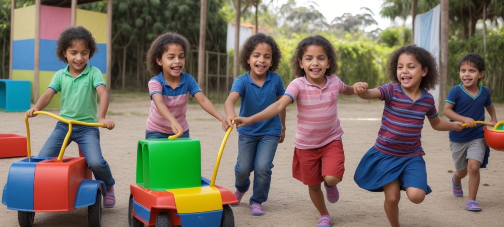 Crianças participando de atividades lúdicas de educação física, coordenando movimentos e diversão