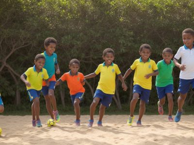 Crianças participando ativamente de atividades dinâmicas e educativas de educação física no ensino fundamental, promovendo a cooperação e o aprendizado.