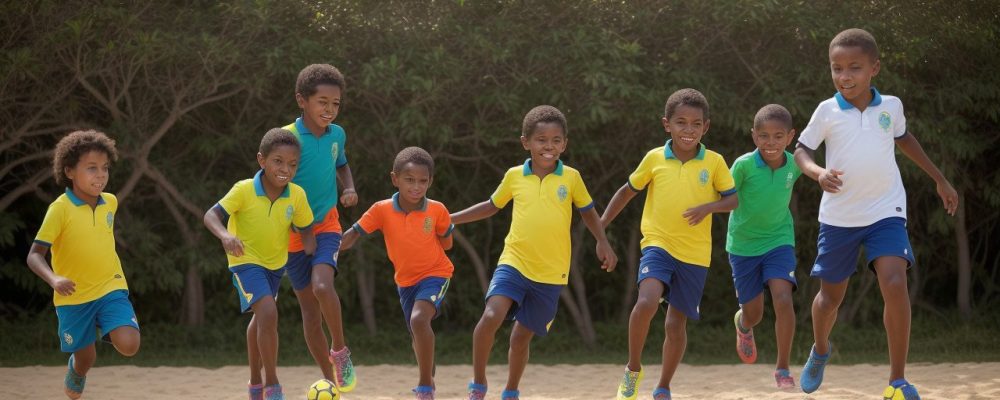 Crianças participando ativamente de atividades dinâmicas e educativas de educação física no ensino fundamental, promovendo a cooperação e o aprendizado.