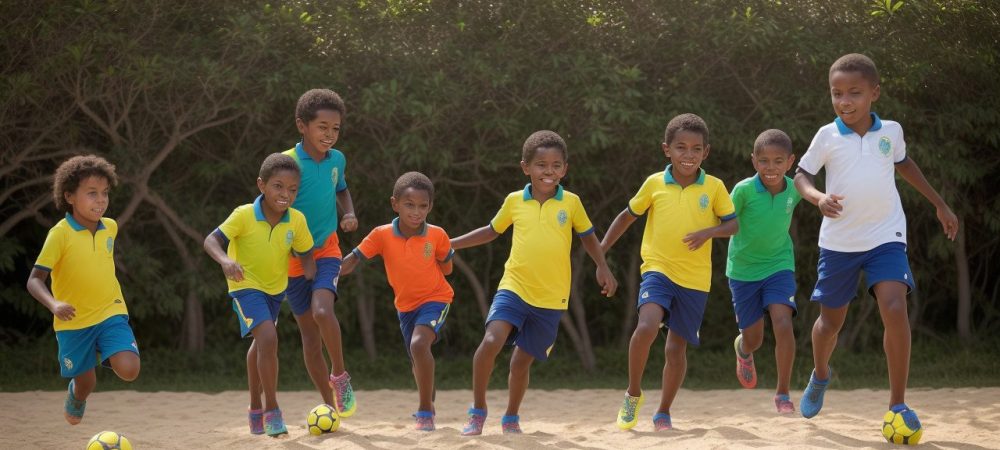 Crianças participando ativamente de atividades dinâmicas e educativas de educação física no ensino fundamental, promovendo a cooperação e o aprendizado.