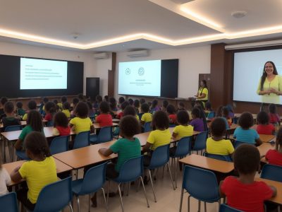 Professor e alunos engajados em teleaula no ensino fundamental, com ferramentas digitais e interação.