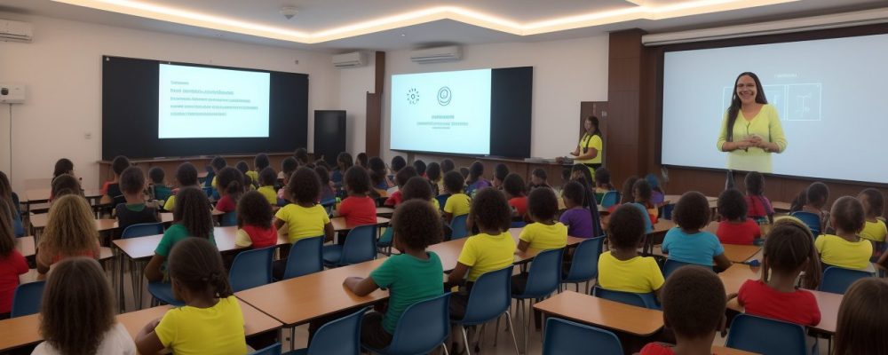 Professor e alunos engajados em teleaula no ensino fundamental, com ferramentas digitais e interação.
