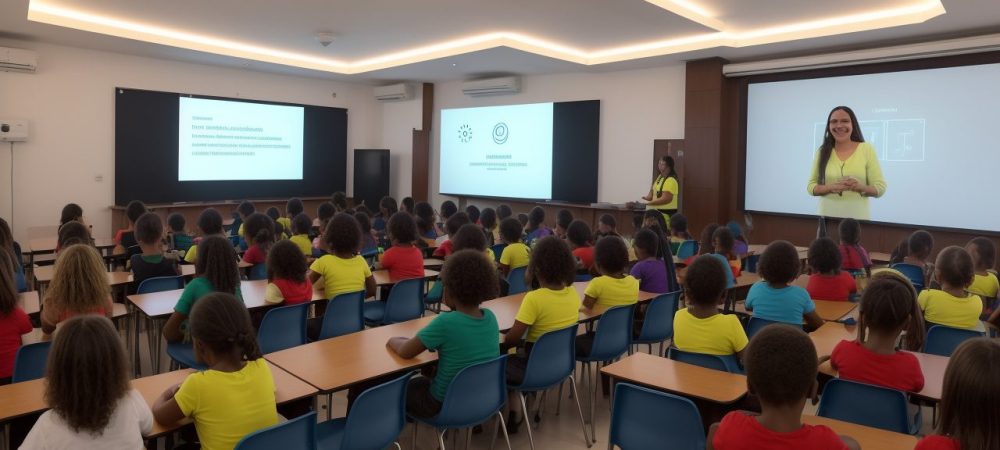 Aula Online no Ensino Fundamental: Teleaulas Dinâmicas Professor e alunos engajados em teleaula no ensino fundamental, com ferramentas digitais e interação.