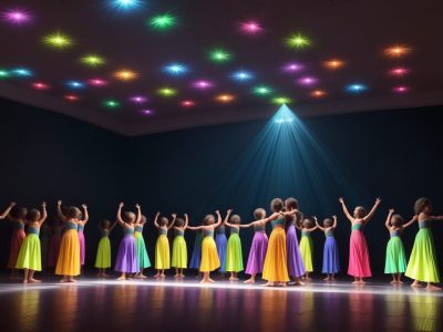 Imagem de aulas de dança, mostrando alunos felizes e aprendendo diferentes estilos de dança em um ambiente acolhedor e dinâmico.