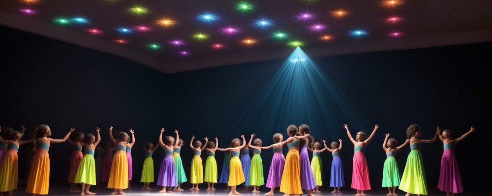 Imagem de aulas de dança, mostrando alunos felizes e aprendendo diferentes estilos de dança em um ambiente acolhedor e dinâmico.
