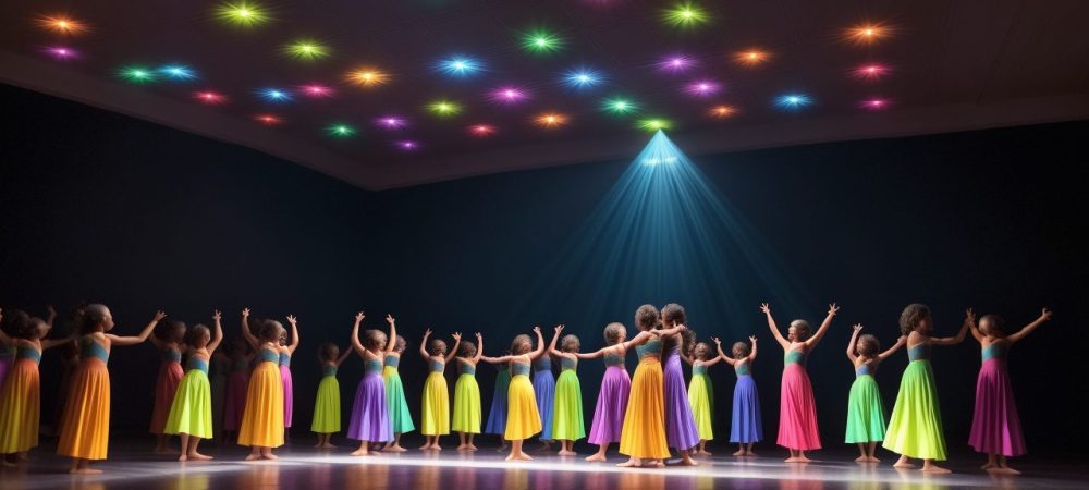 Imagem de aulas de dança, mostrando alunos felizes e aprendendo diferentes estilos de dança em um ambiente acolhedor e dinâmico.