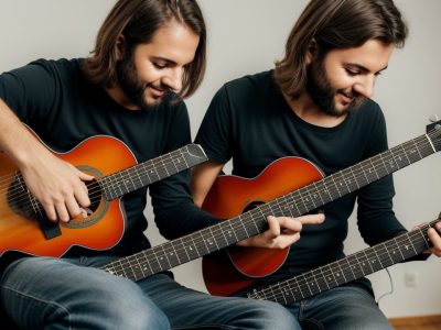 Imagem de um estudante aprendendo acordes de guitarra em uma aula, com um professor e outros instrumentos no fundo, destacando o aprendizado prático e o curso de guitarra.
