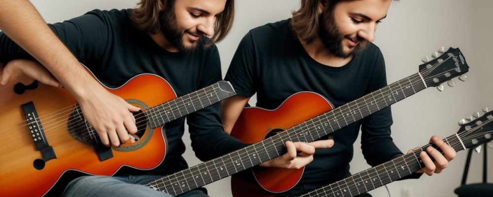 Imagem de um estudante aprendendo acordes de guitarra em uma aula, com um professor e outros instrumentos no fundo, destacando o aprendizado prático e o curso de guitarra.
