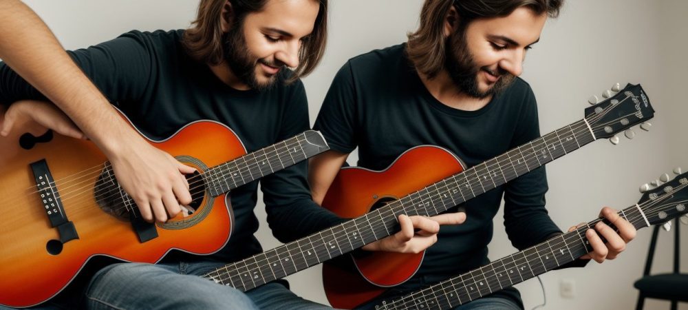 Imagem de um estudante aprendendo acordes de guitarra em uma aula, com um professor e outros instrumentos no fundo, destacando o aprendizado prático e o curso de guitarra.