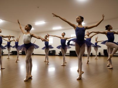 Alunos dançando em aula de dança, com foco em ballet e jazz, mostrando os benefícios da dança no ambiente escolar