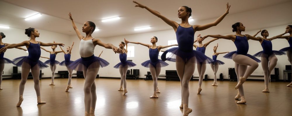 Alunos dançando em aula de dança, com foco em ballet e jazz, mostrando os benefícios da dança no ambiente escolar