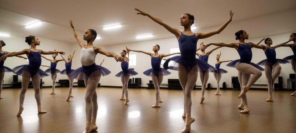 Alunos dançando em aula de dança, com foco em ballet e jazz, mostrando os benefícios da dança no ambiente escolar