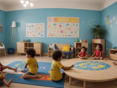 Crianças se divertindo em aula de espanhol com atividades lúdicas e materiais didáticos