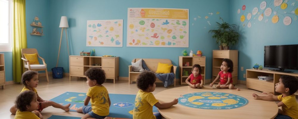 Crianças se divertindo em aula de espanhol com atividades lúdicas e materiais didáticos