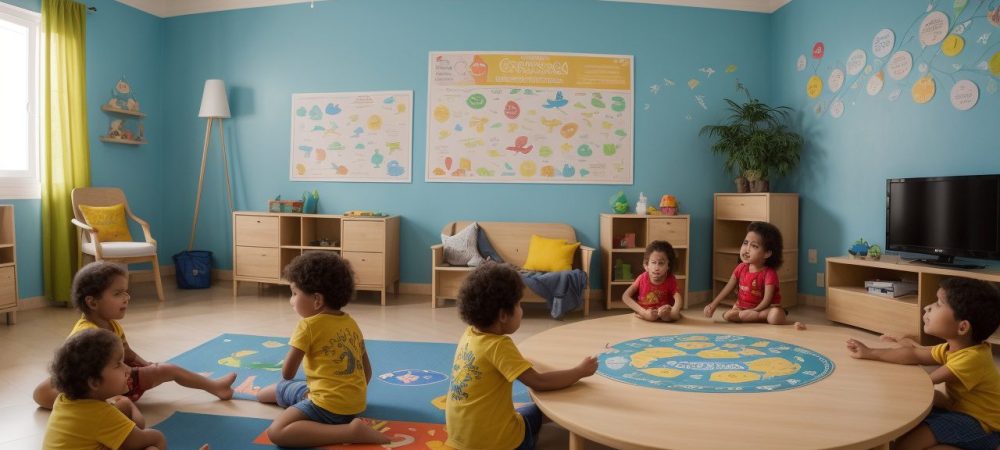 Crianças se divertindo em aula de espanhol com atividades lúdicas e materiais didáticos