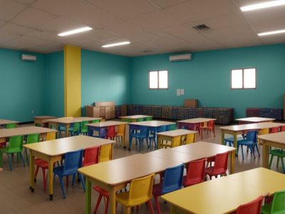 Crianças interagindo em sala de aula inclusiva, com atividades e recursos para autismo e educação.