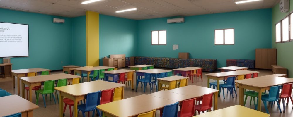 Crianças interagindo em sala de aula inclusiva, com atividades e recursos para autismo e educação.