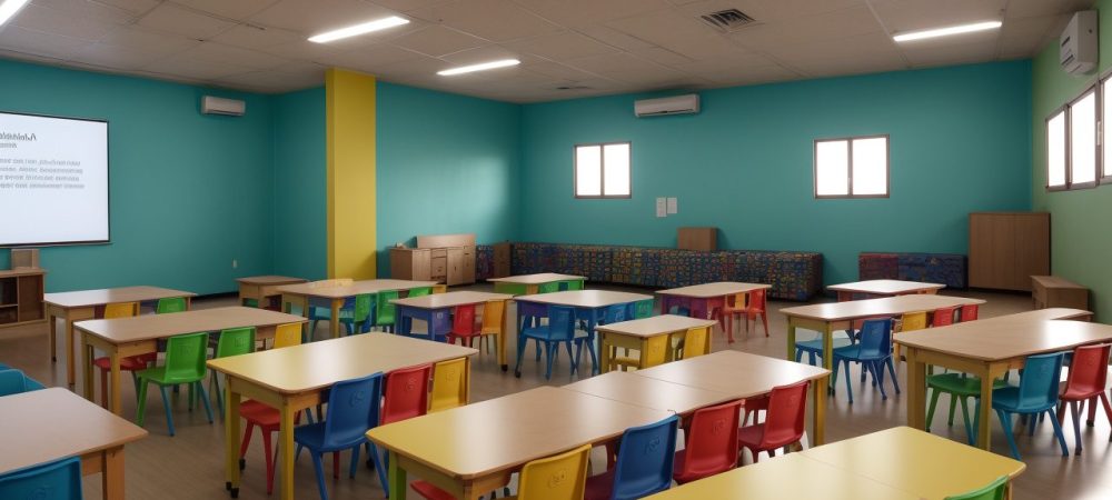 Crianças interagindo em sala de aula inclusiva, com atividades e recursos para autismo e educação.