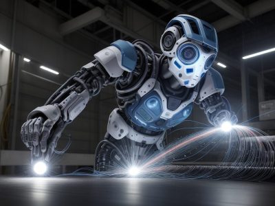 Imagem de um profissional concentrado em um painel de controle de automação industrial, com equipamentos da indústria 4.0 em segundo plano, representando um curso online de instrumentação e automação.