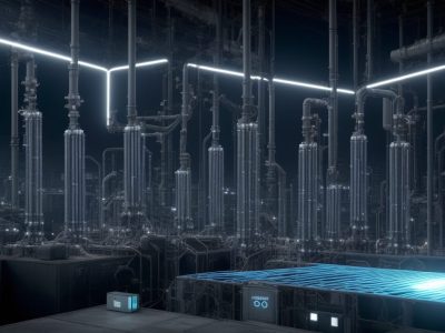 Representação visual da automação industrial e instrumentação na indústria 4.0, com sensores, sistemas SCADA e engrenagens em um ambiente de trabalho moderno e eficiente.