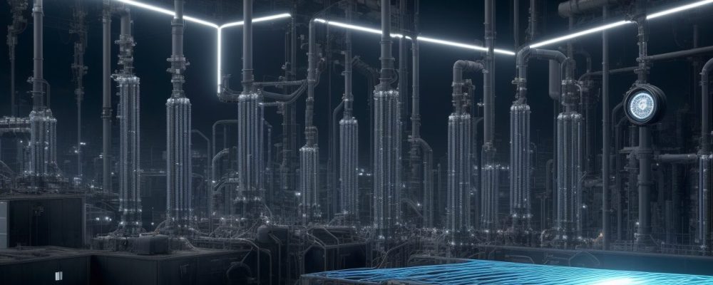 Representação visual da automação industrial e instrumentação na indústria 4.0, com sensores, sistemas SCADA e engrenagens em um ambiente de trabalho moderno e eficiente.