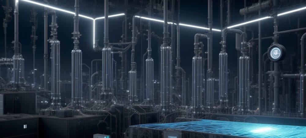 Representação visual da automação industrial e instrumentação na indústria 4.0, com sensores, sistemas SCADA e engrenagens em um ambiente de trabalho moderno e eficiente.