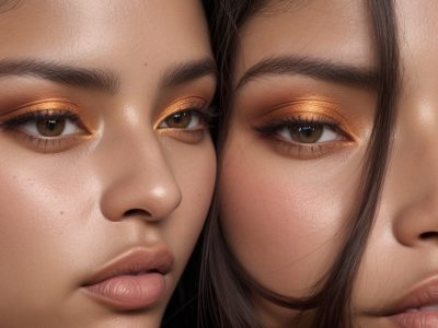 Imagem de uma mulher sorrindo, aplicando maquiagem em si mesma, representando a automaquiagem e o aumento da autoconfiança.