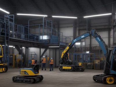 Imagem ilustrativa de um auxiliar de produção atuando em uma linha de montagem moderna, com foco em eficiência e qualidade