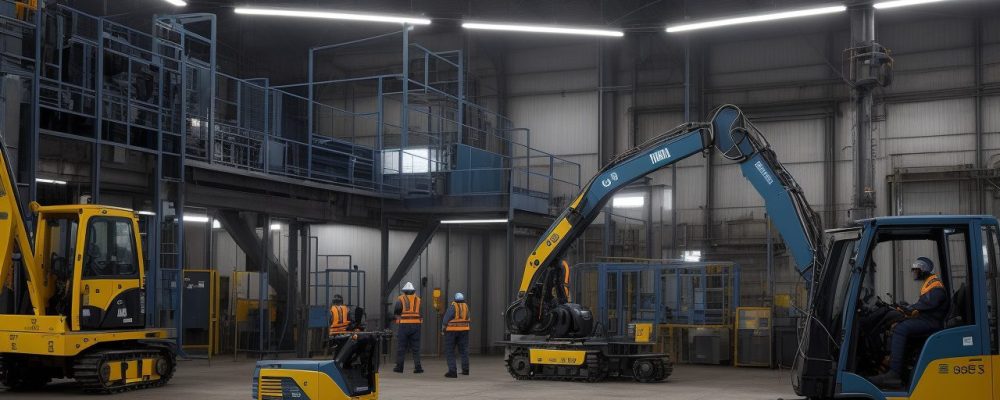 Imagem ilustrativa de um auxiliar de produção atuando em uma linha de montagem moderna, com foco em eficiência e qualidade