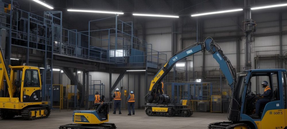 Imagem ilustrativa de um auxiliar de produção atuando em uma linha de montagem moderna, com foco em eficiência e qualidade