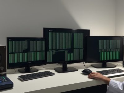 Imagem de um auxiliar de radiologia utilizando um software de gestão moderno, representando a otimização do trabalho na área da saúde