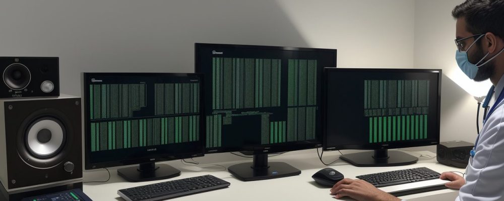 Imagem de um auxiliar de radiologia utilizando um software de gestão moderno, representando a otimização do trabalho na área da saúde