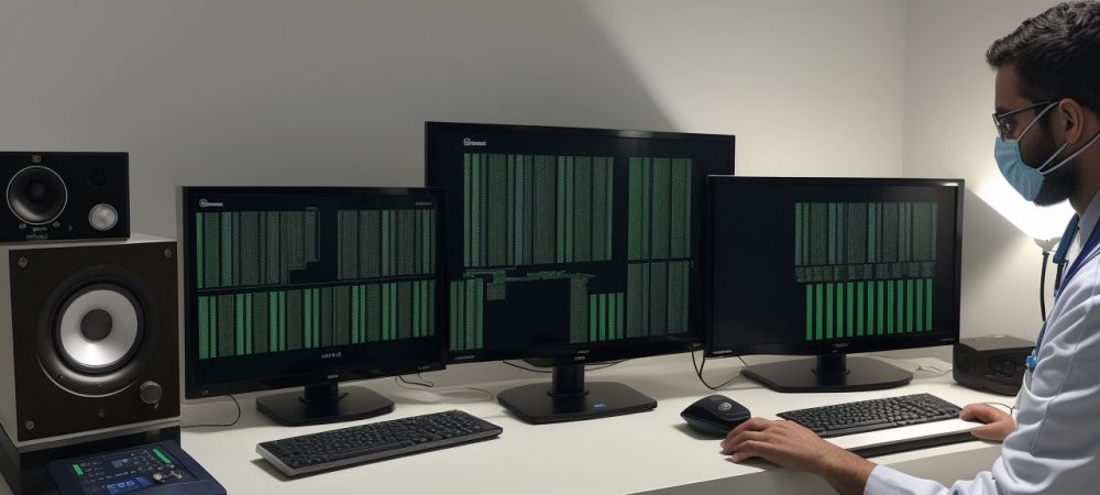 Imagem de um auxiliar de radiologia utilizando um software de gestão moderno, representando a otimização do trabalho na área da saúde