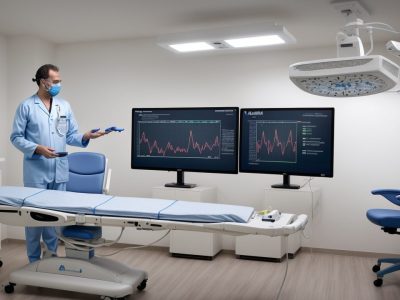 Profissional de saúde radiando sorrisos em ambiente de trabalho, com equipamentos de radiologia e gráficos de saúde.