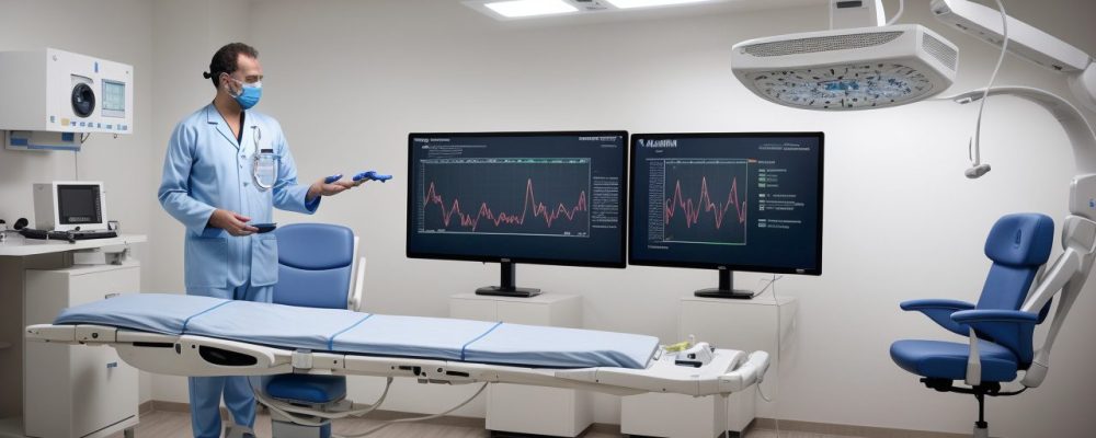 Profissional de saúde radiando sorrisos em ambiente de trabalho, com equipamentos de radiologia e gráficos de saúde.