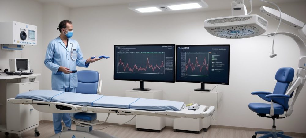 Profissional de saúde radiando sorrisos em ambiente de trabalho, com equipamentos de radiologia e gráficos de saúde.