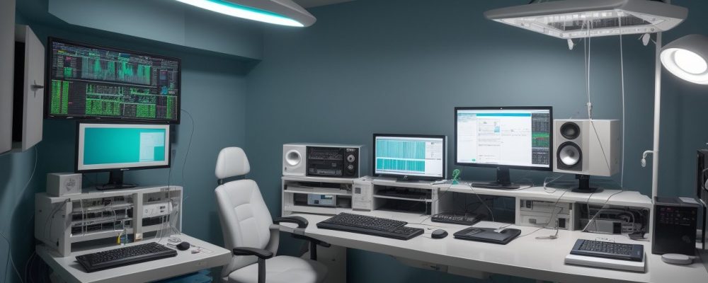 Um auxiliar de radiologia em um ambiente hospitalar, demonstrando profissionalismo e cuidado com pacientes e equipamentos