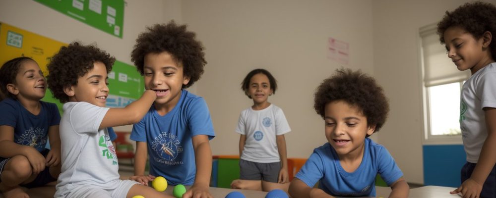Alunos participando ativamente de testes de avaliação física escolar, demonstrando força, flexibilidade e coordenação, com foco no bem-estar.