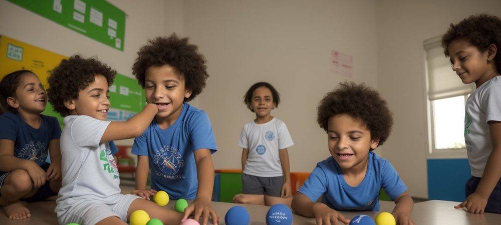 Alunos participando ativamente de testes de avaliação física escolar, demonstrando força, flexibilidade e coordenação, com foco no bem-estar.
