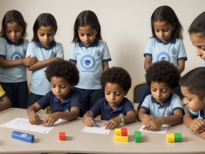 Crianças participando ativamente de testes de aptidão física escolar, demonstrando alegria e engajamento em um ambiente escolar acolhedor.