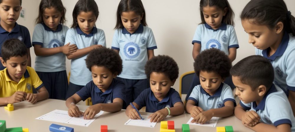 Crianças participando ativamente de testes de aptidão física escolar, demonstrando alegria e engajamento em um ambiente escolar acolhedor.