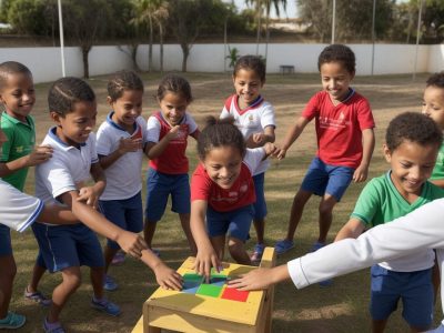 Crianças participando de testes de aptidão física escolar em um ambiente escolar dinâmico e acolhedor. A imagem ilustra a importância da avaliação física para o desenvolvimento infantil.
