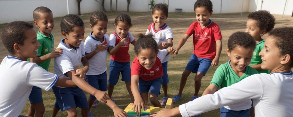 Crianças participando de testes de aptidão física escolar em um ambiente escolar dinâmico e acolhedor. A imagem ilustra a importância da avaliação física para o desenvolvimento infantil.