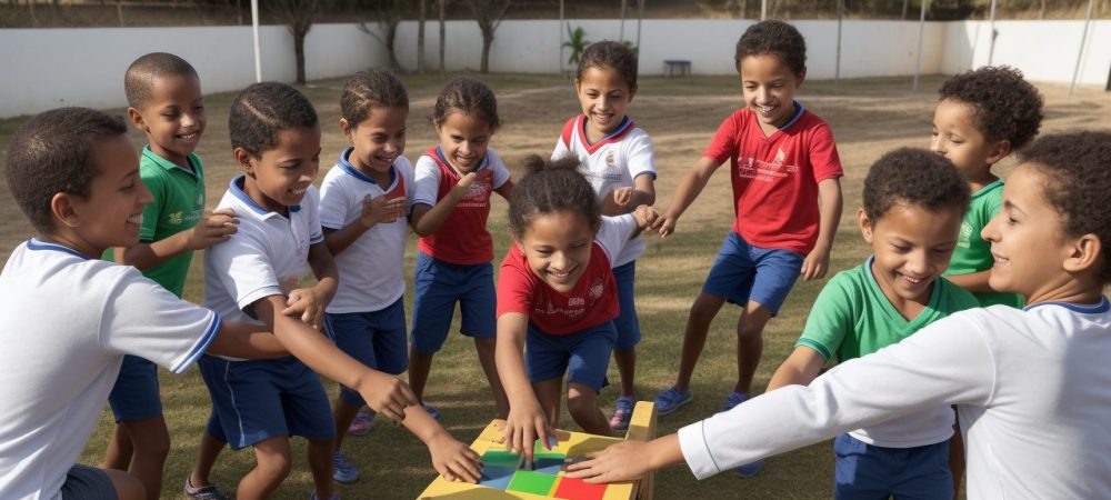 Crianças participando de testes de aptidão física escolar em um ambiente escolar dinâmico e acolhedor. A imagem ilustra a importância da avaliação física para o desenvolvimento infantil.